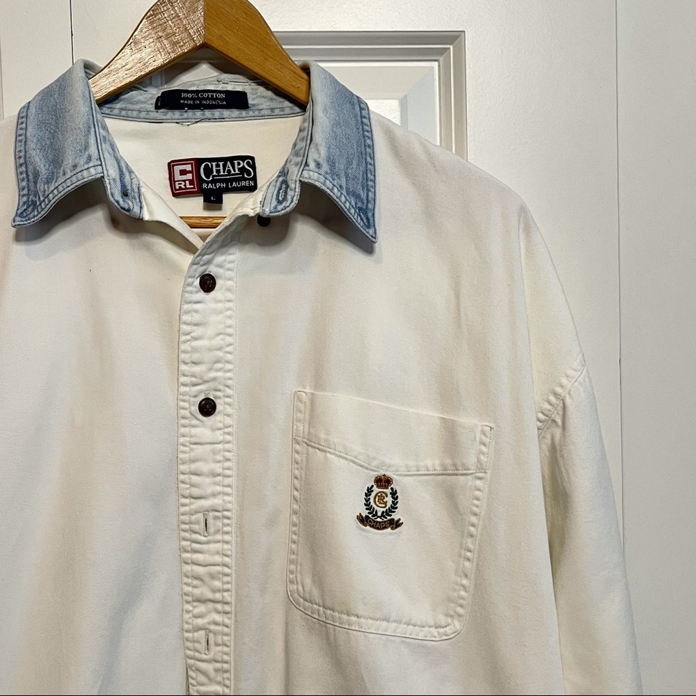 VTG Chaps x Ralph Lauren Men's s Button Up White Denim Collar Size L